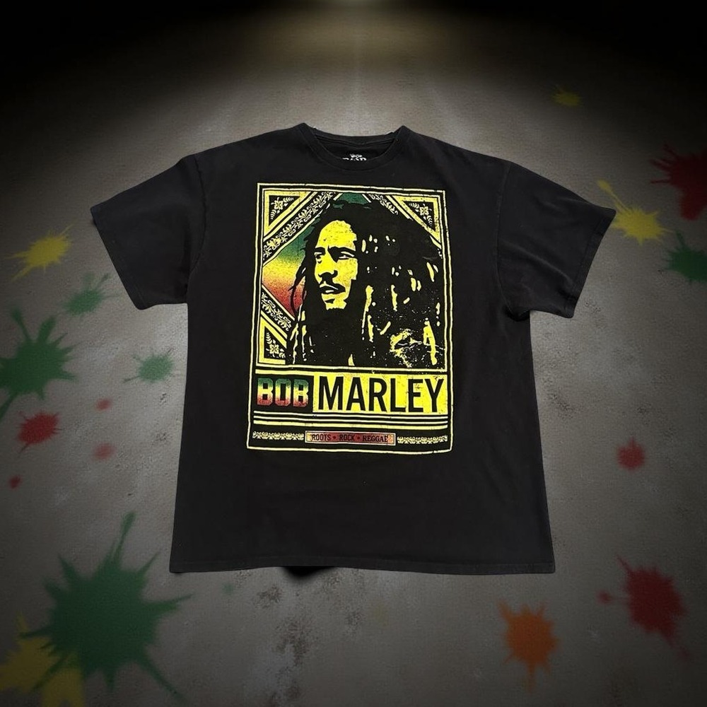 Bob Marley "Roots Rock Reggae" T-shirt Black Graphic Tee Adult XL